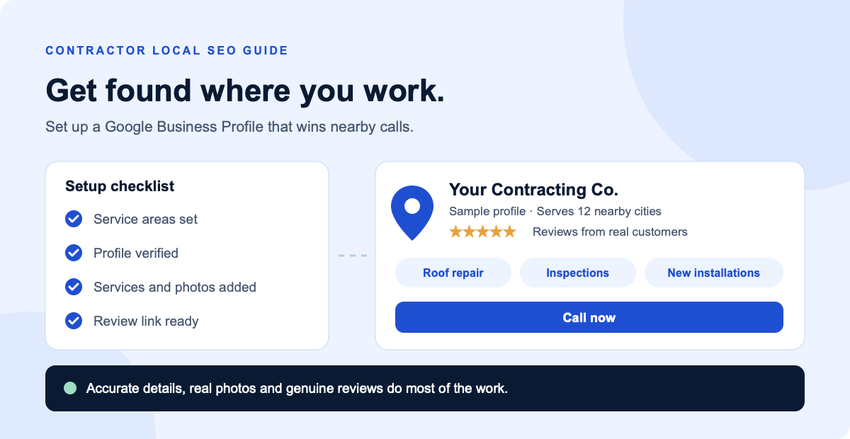 Sample contractor business profile with service areas, services, reviews and a call button beside a setup checklist