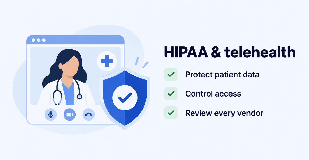 HIPAA telehealth privacy checklist with a clinician video call and security shield