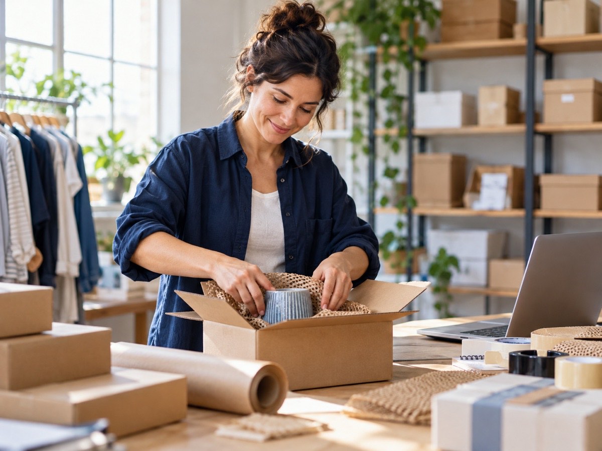 Online store owner packing orders for shipping