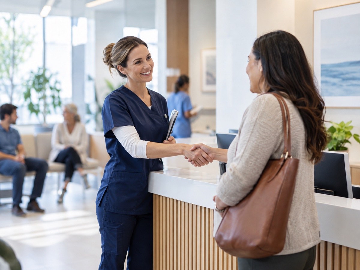 Healthcare provider greeting a patient at the front desk