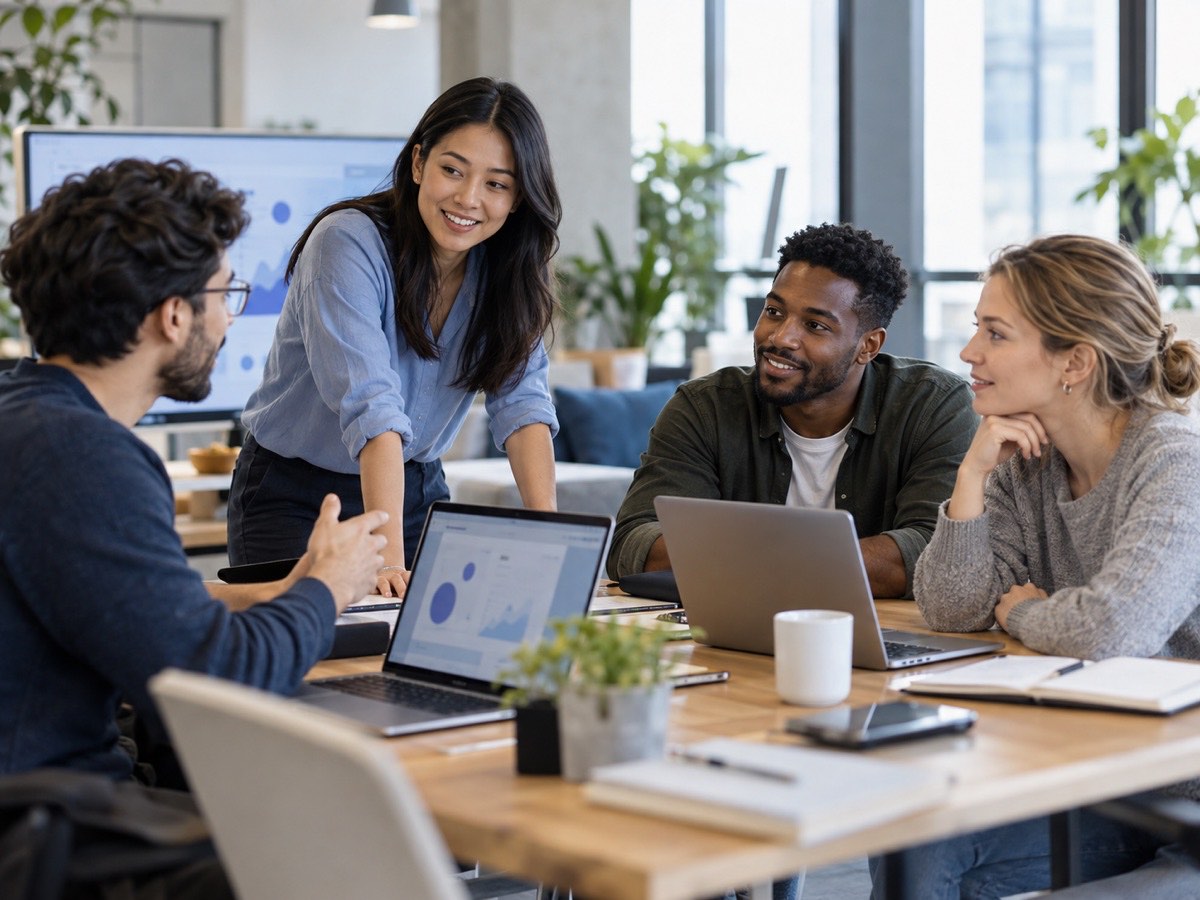 Startup team working on laptops in a shared office