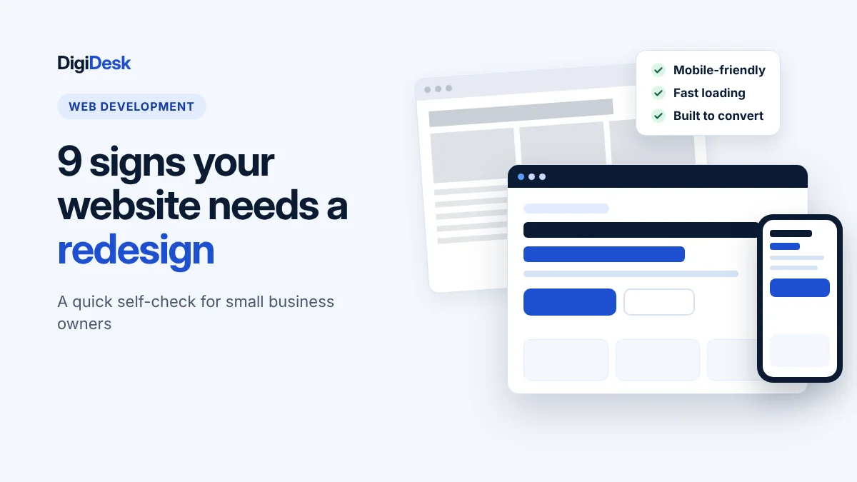 Website redesign checklist beside an outdated page and a refreshed mobile-friendly design