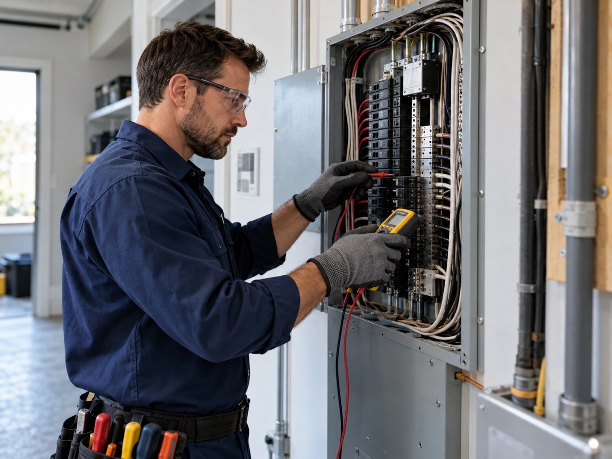 Electrician working on an electrical panel