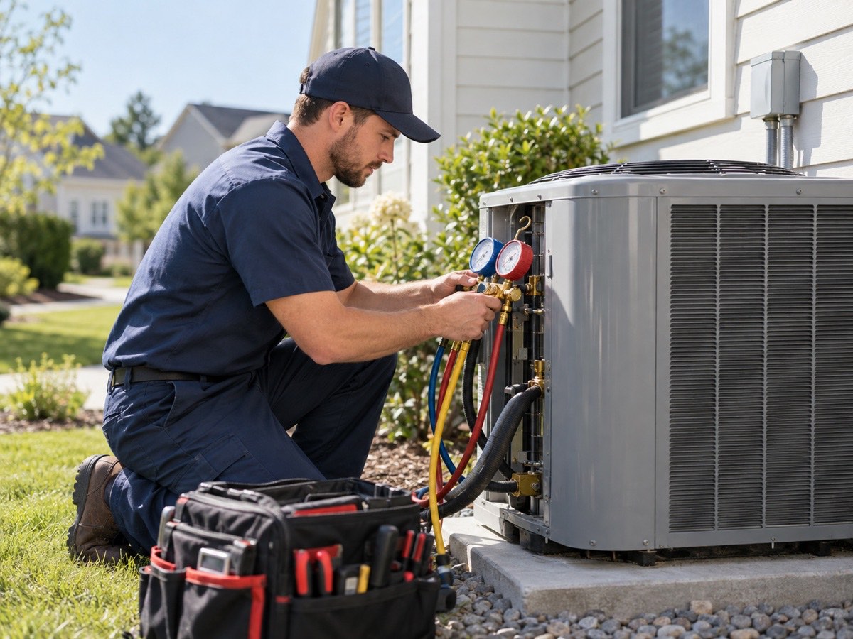 HVAC technician servicing an air conditioning unit