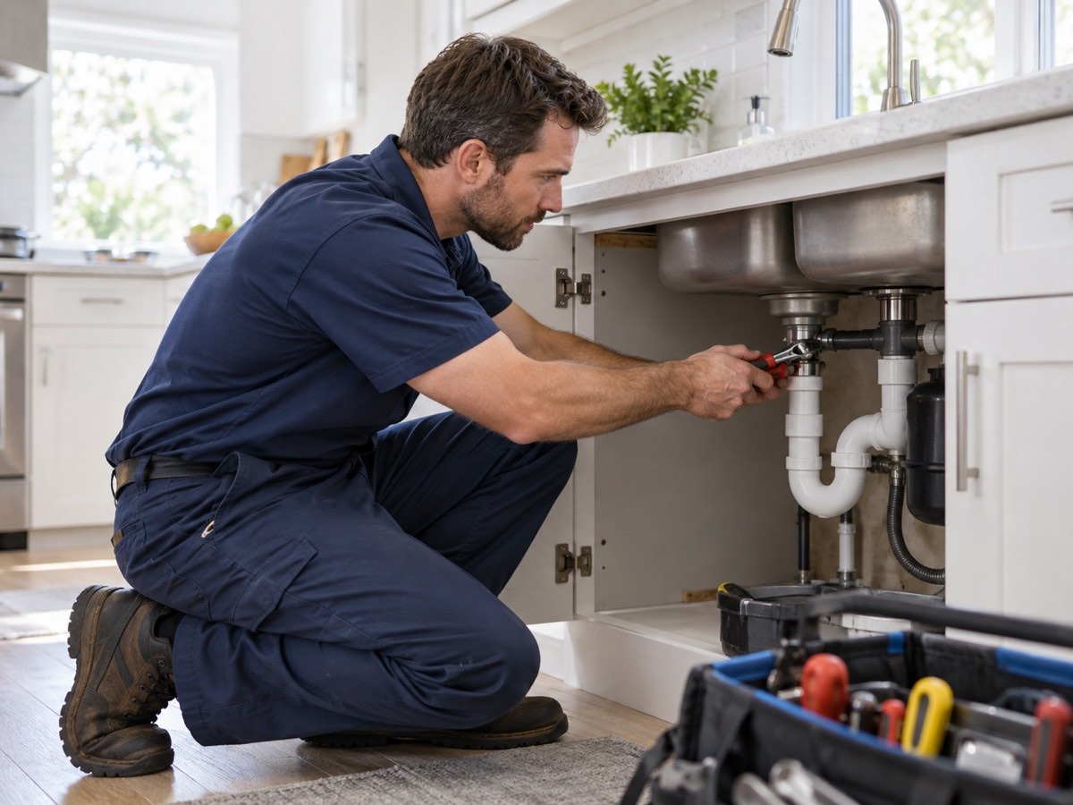 Plumber repairing pipes under a sink