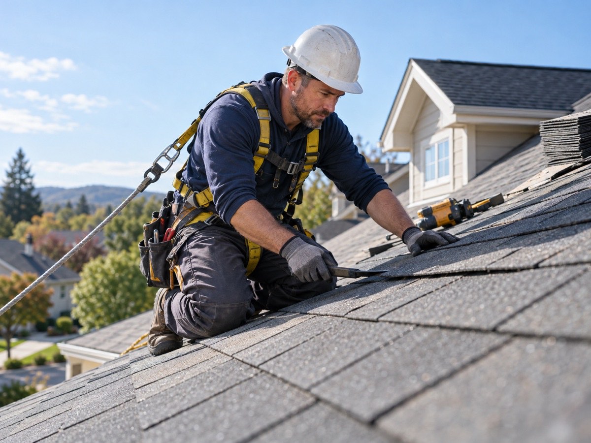 Roofer installing shingles on a house