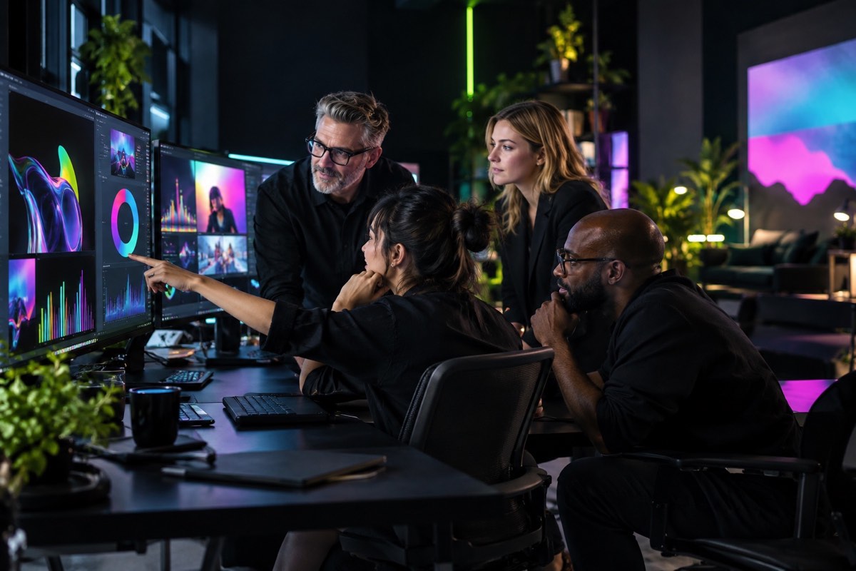 Creative digital agency team reviewing colorful campaign analytics in a dark studio