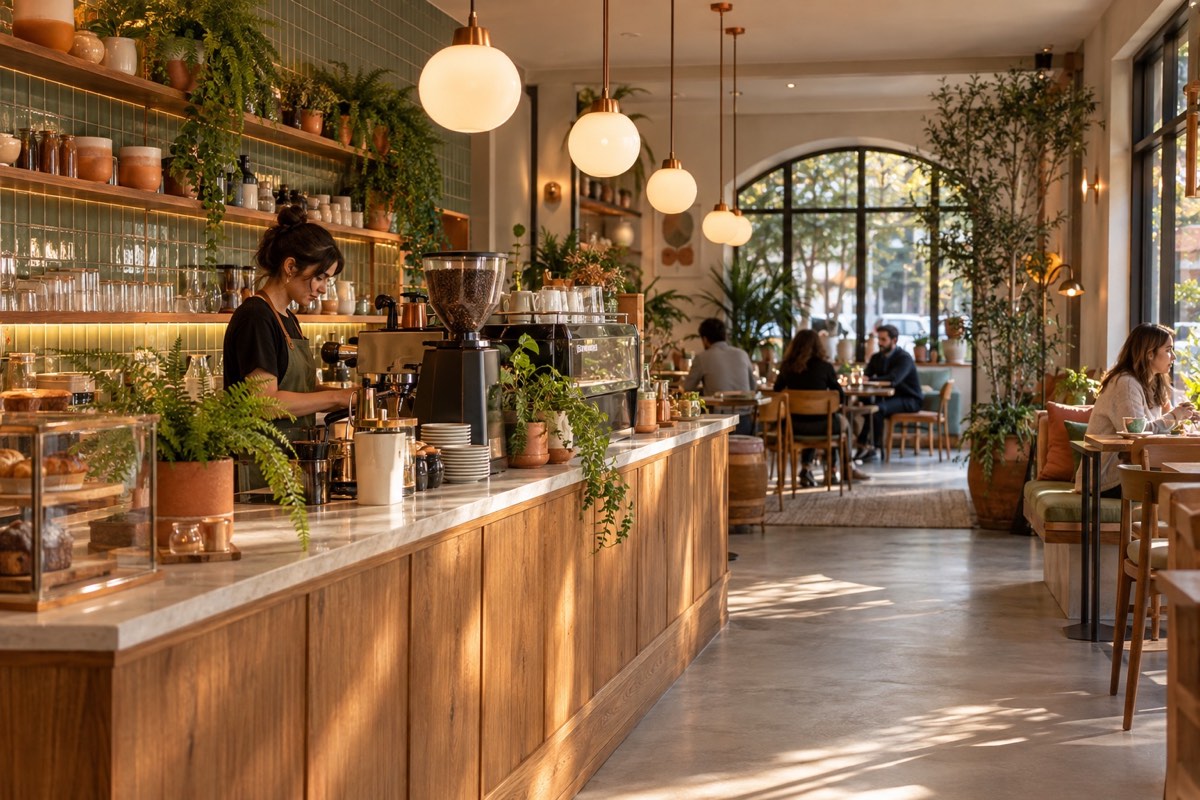 Inside Copper Fern Coffee with pendant lights and a long counter