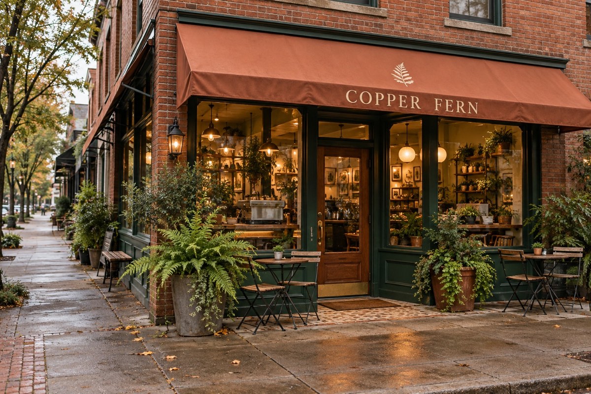Copper Fern Coffee storefront with a terracotta awning