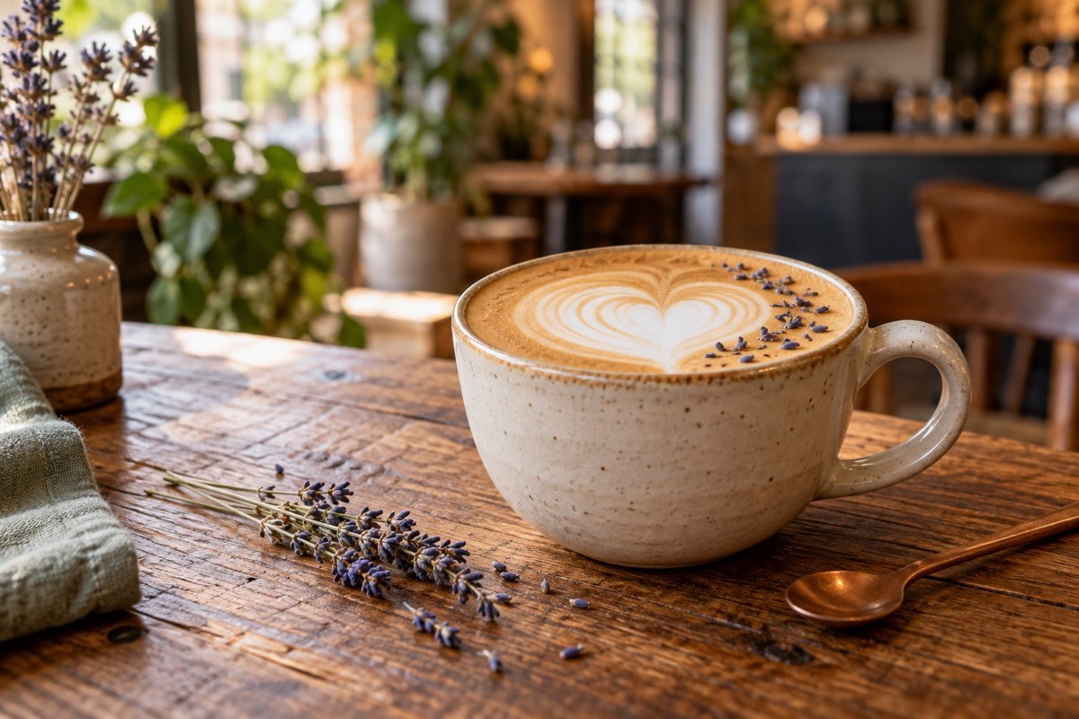 Latte with heart-shaped latte art on a wooden café table