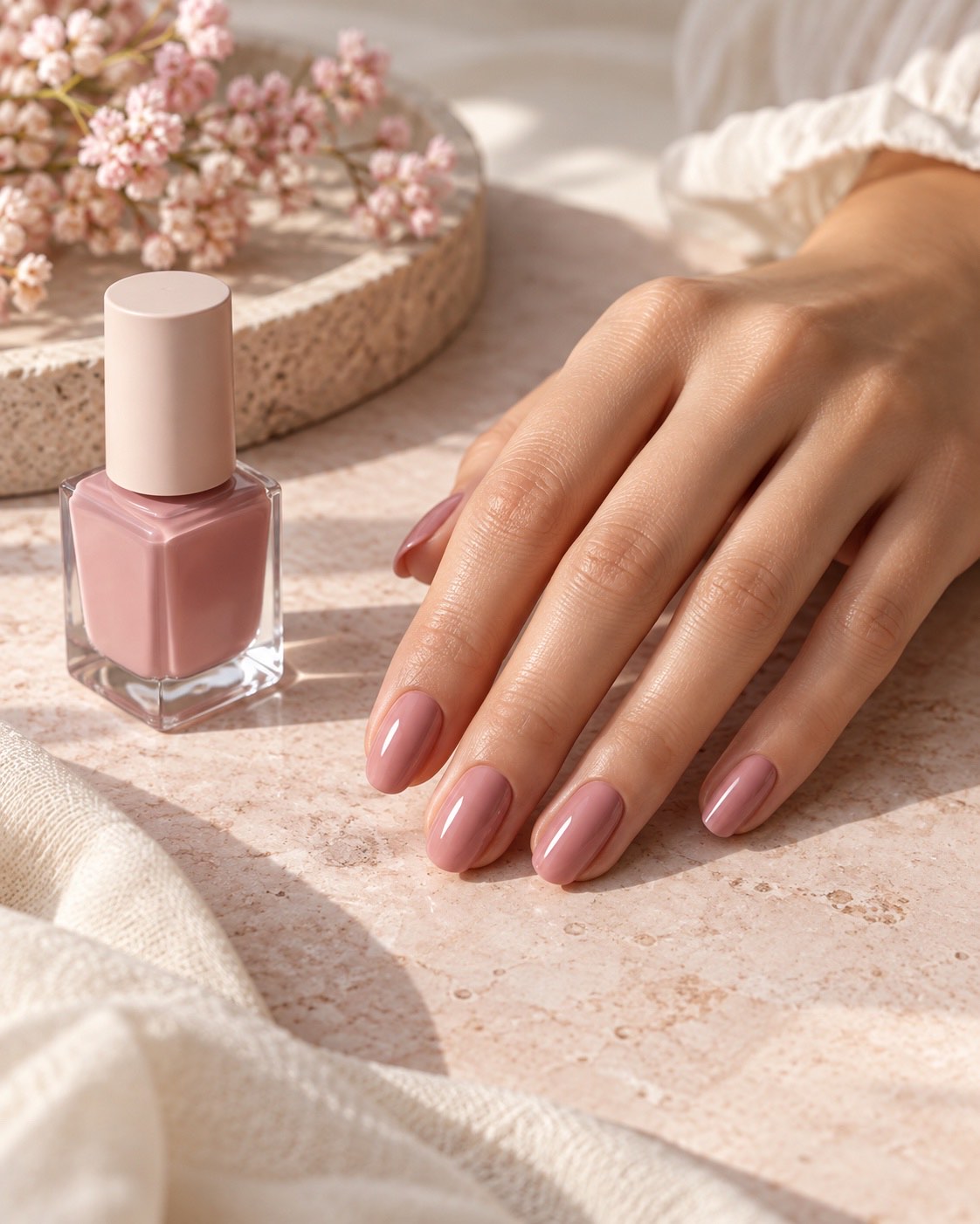 Hand with fresh rose-colored manicure next to a bottle of polish