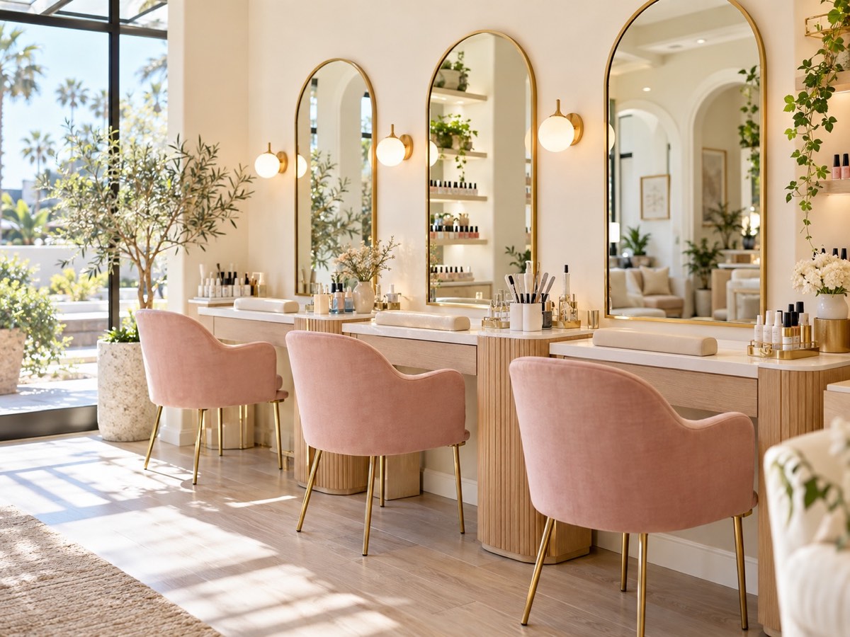 Bright boutique nail spa with arched mirrors and blush manicure chairs